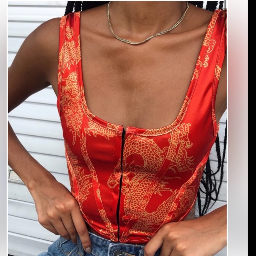 Motel Elci Corset Top XL In Dragon Flower Red Gold Crop Top